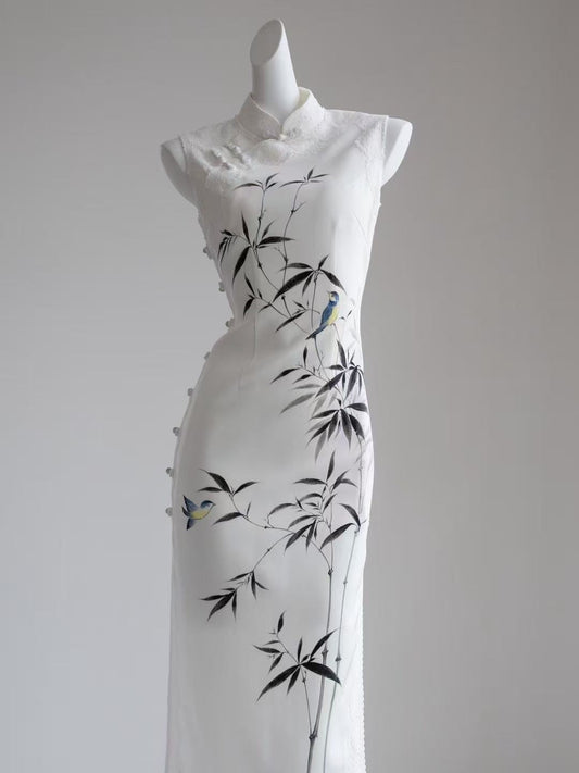 Bamboo Shadow Graceful - Cotton Hand-Embroidered White Bamboo Qipao