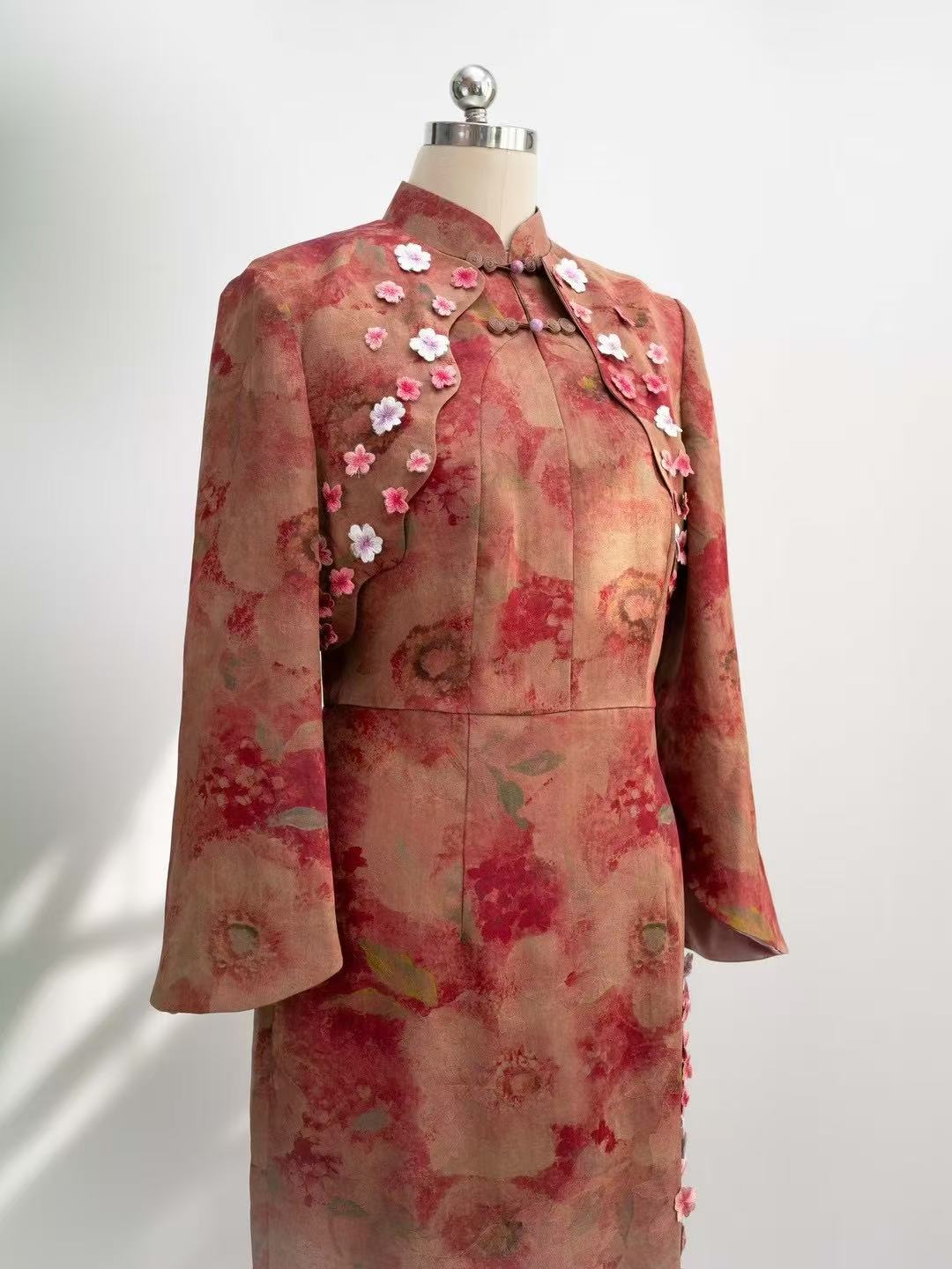 Peach Blossom Dance - Silk Hand-Embroidered Pink Peony Qipao