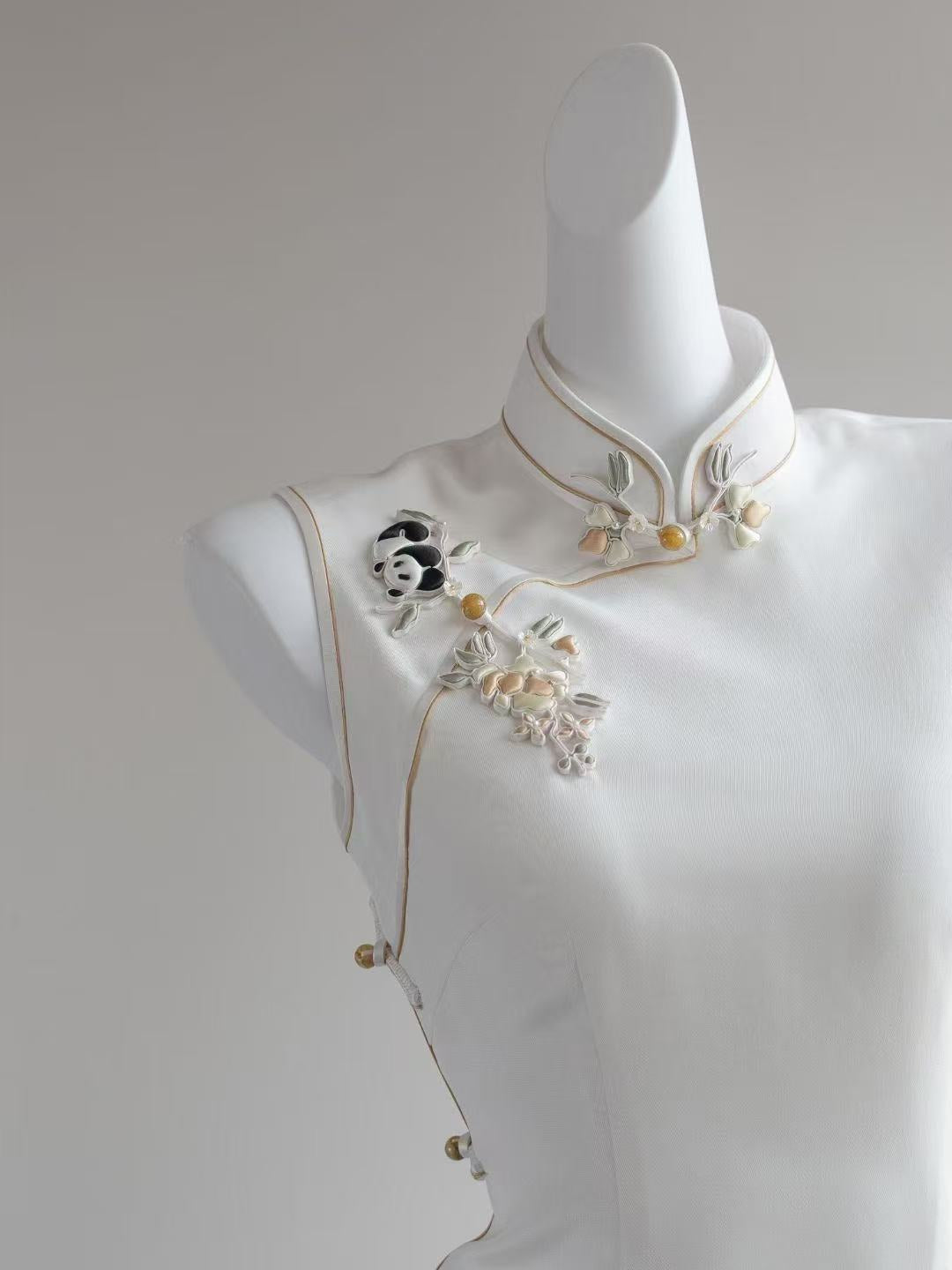 Satin Shadow Swaying - Satin Exquisitely Embroidered White Plum Blossom Qipao
