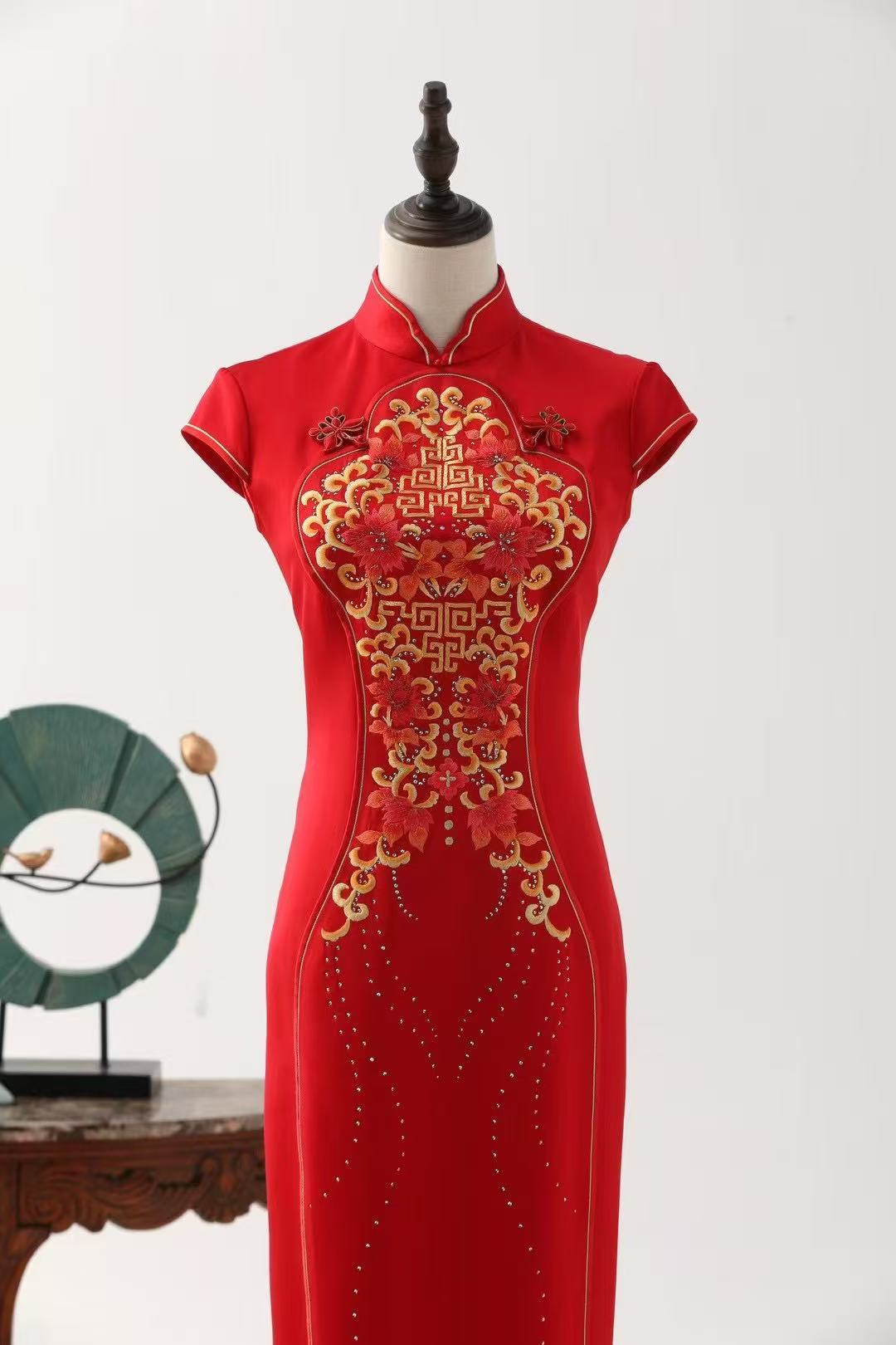 Peony Containing Grace - Velvet Hand-Embroidered Red Peony Qipao