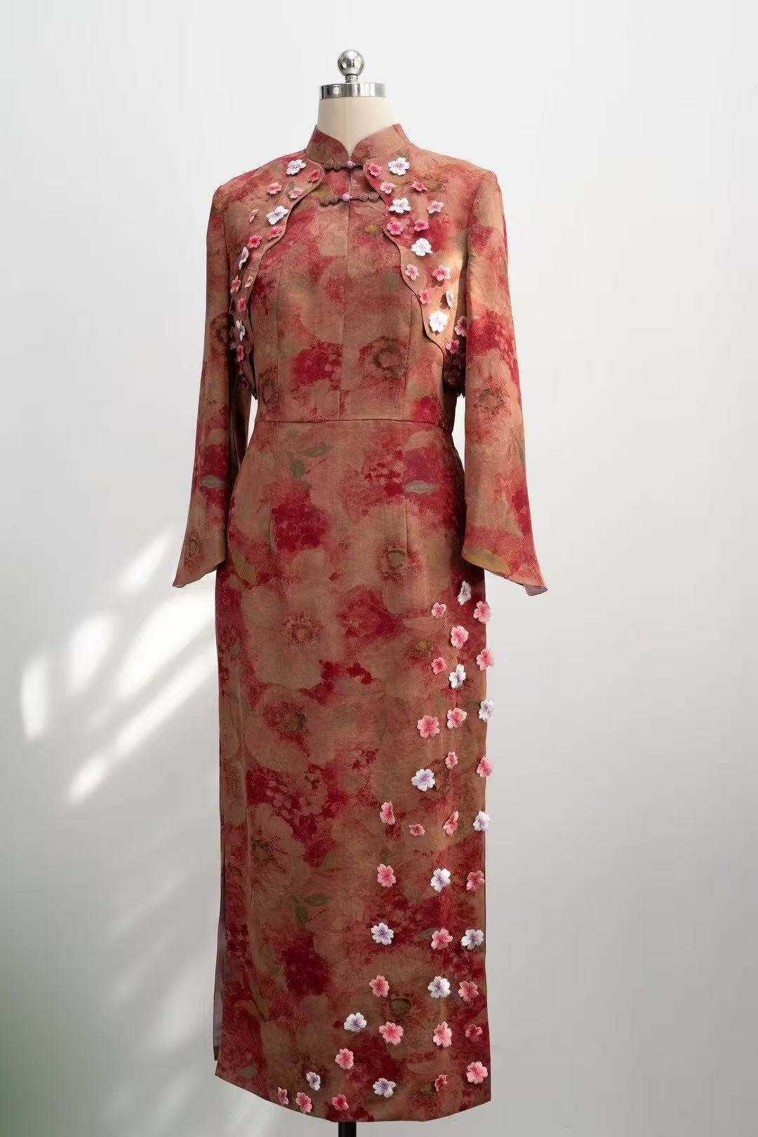 Peach Blossom Dance - Silk Hand-Embroidered Pink Peony Qipao