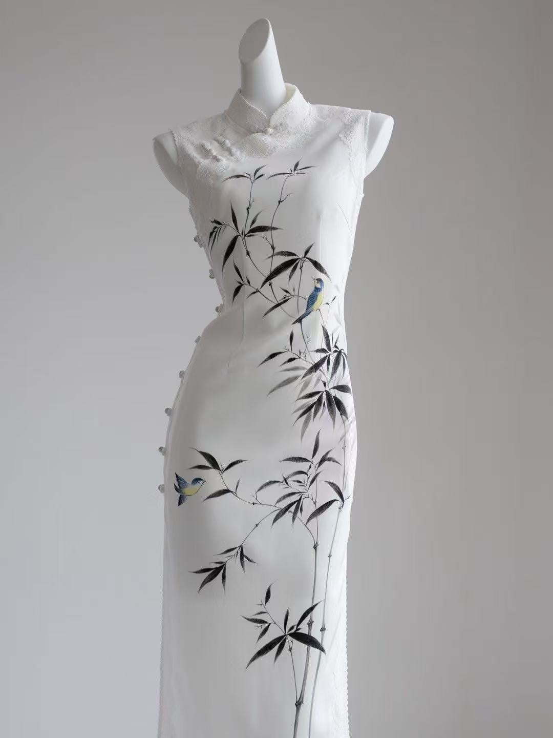 Bamboo Shadow Graceful - Cotton Hand-Embroidered White Bamboo Qipao