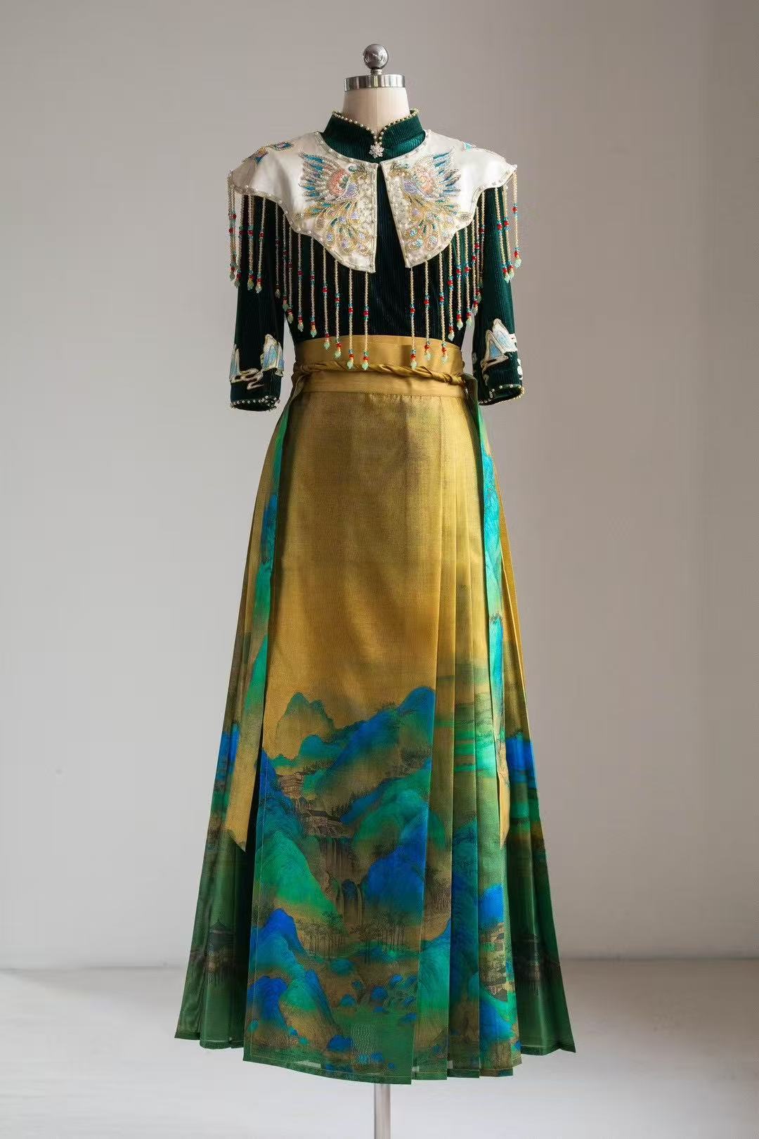 Emerald Blossom - Velvet Hand-Embroidered Green Ceremonial Dress