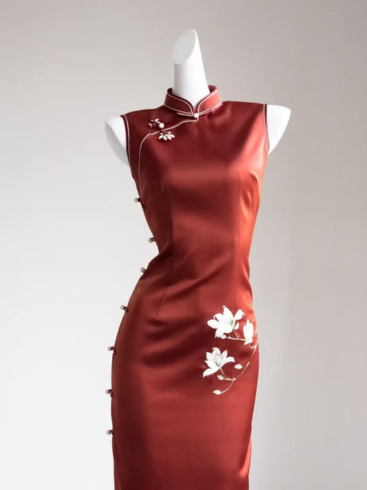 Silk Rhyme Peony - Silk Exquisitely Embroidered Red Peony Qipao