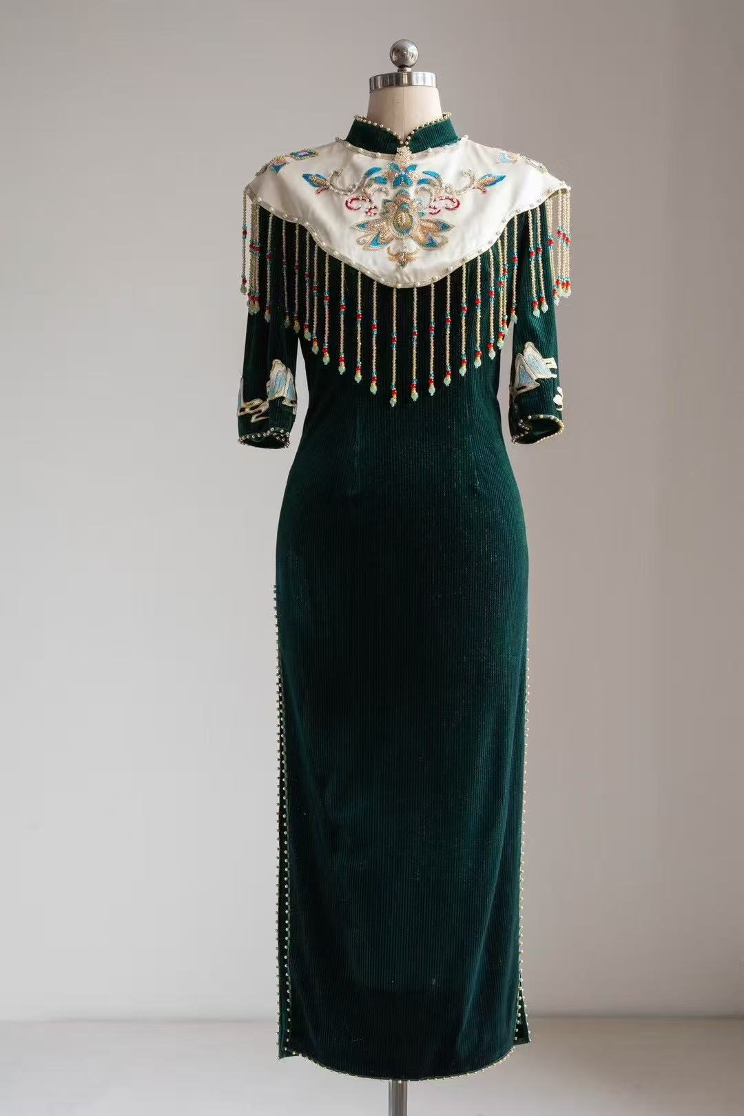 Emerald Blossom - Velvet Hand-Embroidered Green Ceremonial Dress