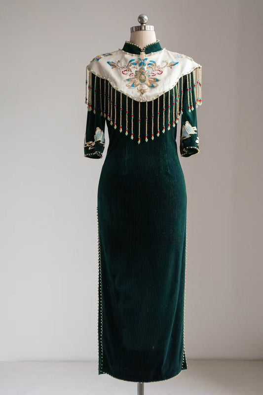 Emerald Blossom - Velvet Hand-Embroidered Green Ceremonial Dress