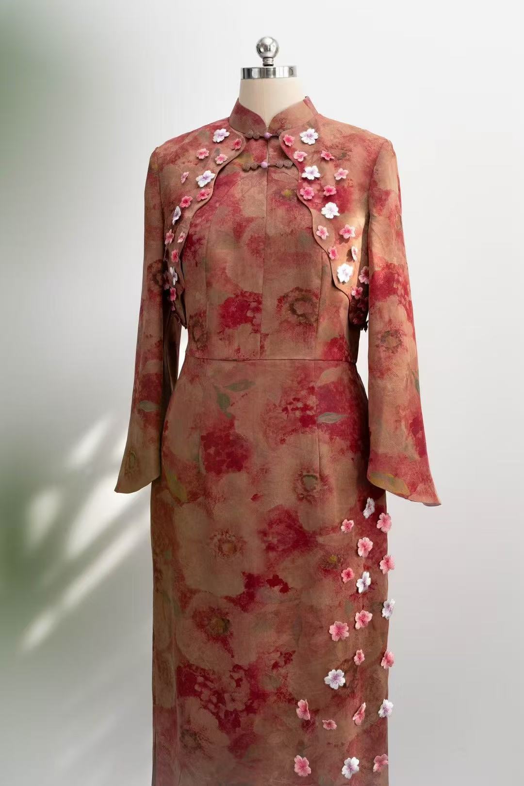 Peach Blossom Dance - Silk Hand-Embroidered Pink Peony Qipao
