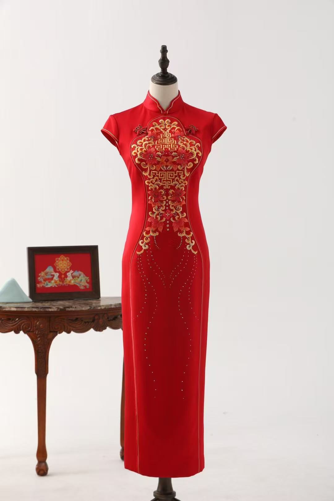 Peony Containing Grace - Velvet Hand-Embroidered Red Peony Qipao