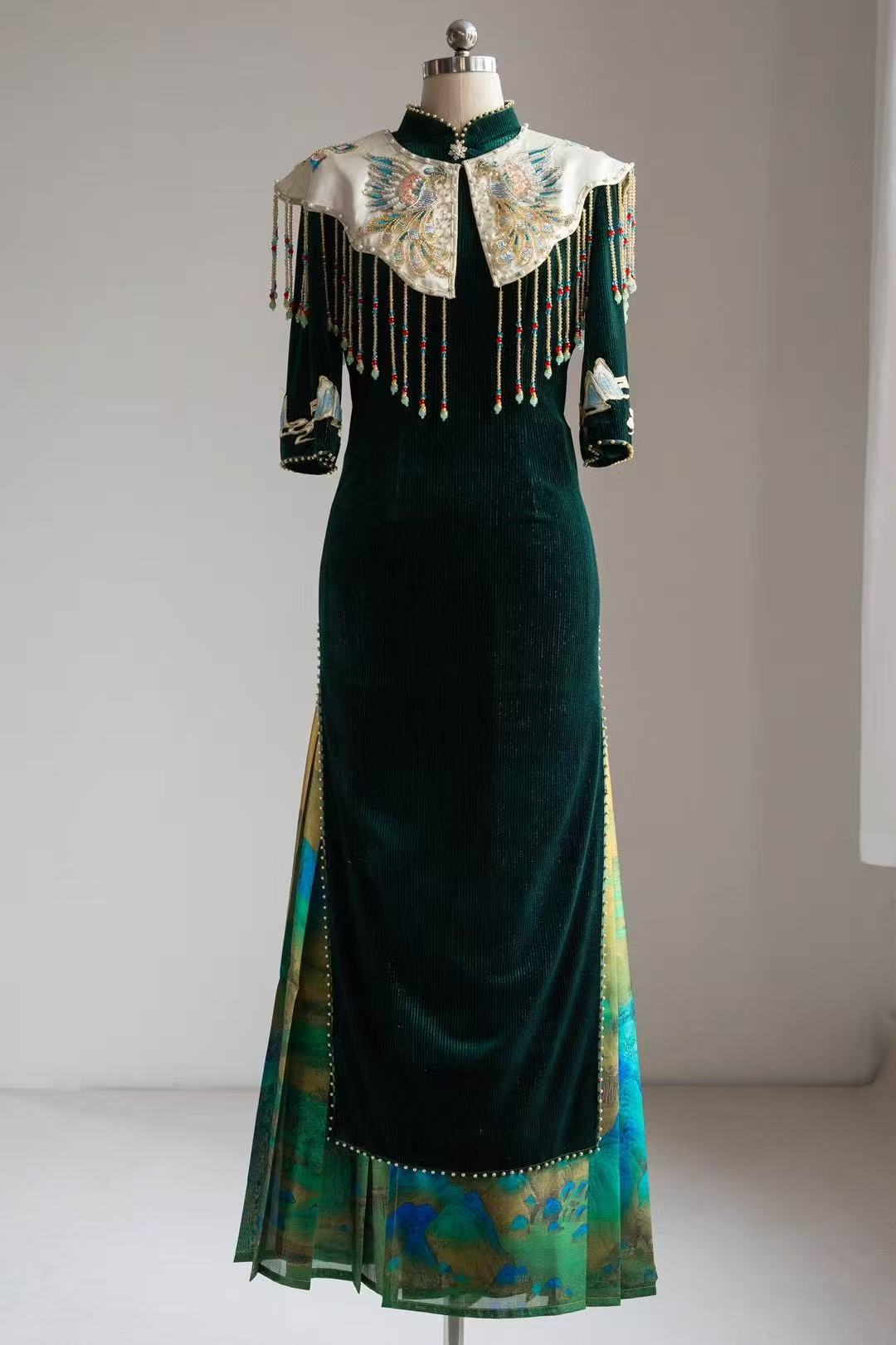 Emerald Blossom - Velvet Hand-Embroidered Green Ceremonial Dress