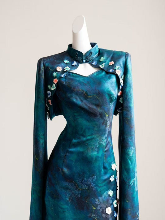 Blue Dream Elegant Orchid - Satin Hand-Embroidered Blue Plum Blossom Qipao