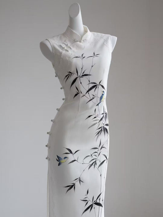 Bamboo Shadow Graceful - Cotton Hand-Embroidered White Bamboo Qipao
