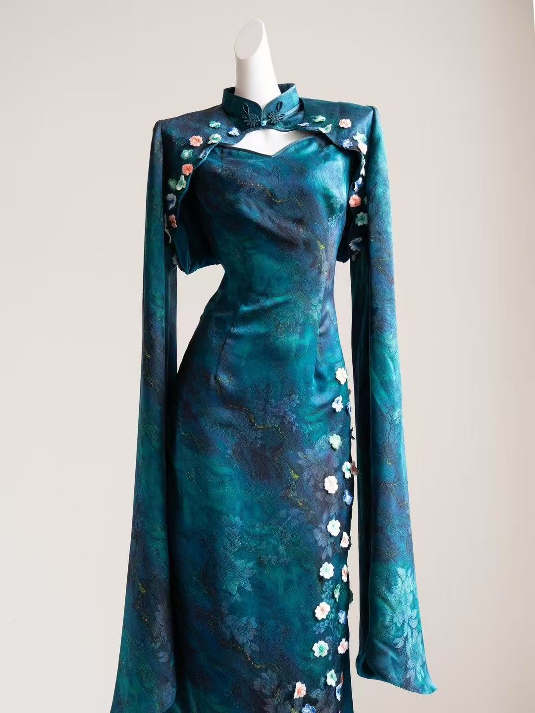 Blue Dream Elegant Orchid - Satin Hand-Embroidered Blue Plum Blossom Qipao