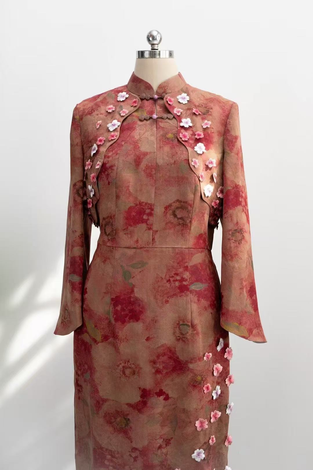 Peach Blossom Dance - Silk Hand-Embroidered Pink Peony Qipao